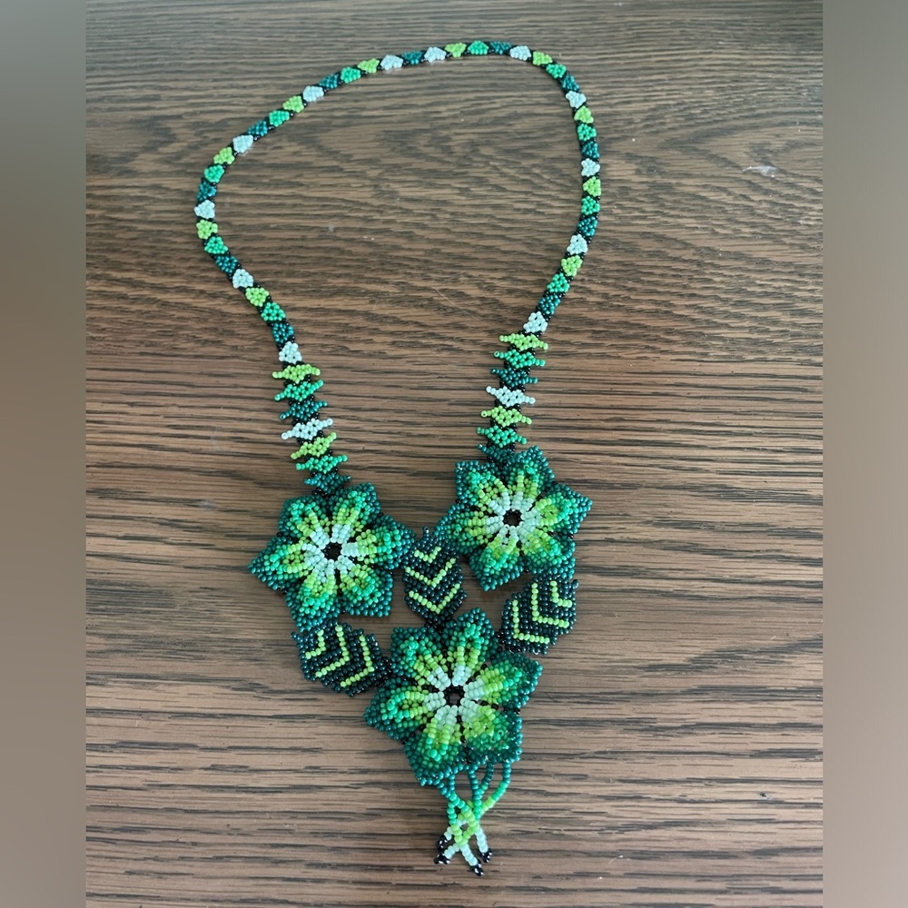 ‘Huichol Trio' Floral Huichol Glass Beaded
Necklace from Mexico.